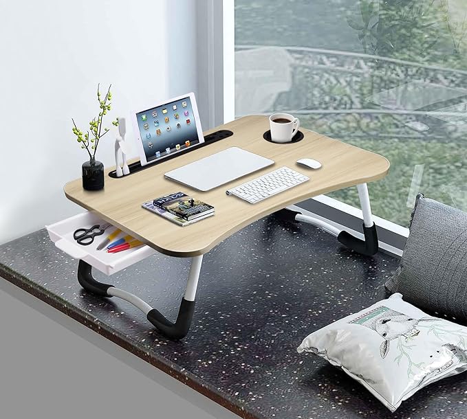 Slendor Lap Desk with Tablet Slot, Foldable Laptop Table with Storage Drawer，Portable Bed Desk for Laptop, Computer Tray with Cup Holder Notebook Stand Reading Holder for Couch Floor, White Maple