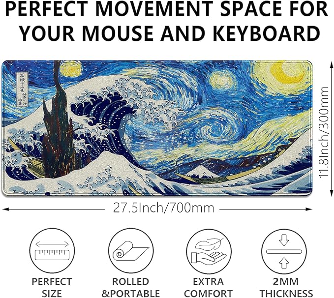 Starry Night & Great Wave Large Mouse Pad, 27.5x11.8in Art Painting Fusion Extended Desk Mat with Stitched Edges, Non-Slip Waterproof Rubber Base for Office, Computer & Laptop
