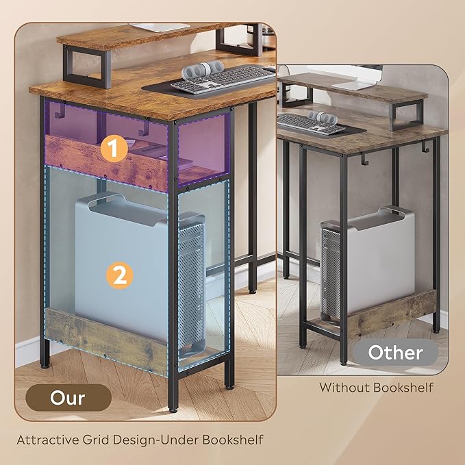 DEVAISE Spacious 55" L Shaped Gaming Desk with LED Lights and Power Outlets - Reversible Corner Computer Table with Monitor Stand and Storage Shelves for Work and Gaming, Rustic Brown