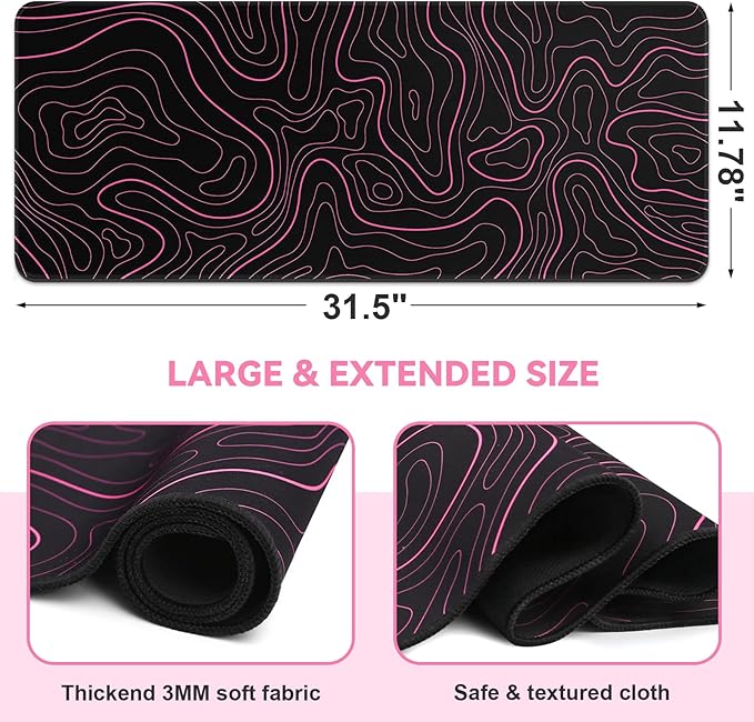 DIGSOM Mouse Pad Gaming Mousepad 31.5 x 11.8 in Large Mouse Pad for Keyboard and Mouse with Anti-Slip Rubber Base, Keyboard Pad XL Mouse Mat for Home and Office(Black with Red Topographic Line)