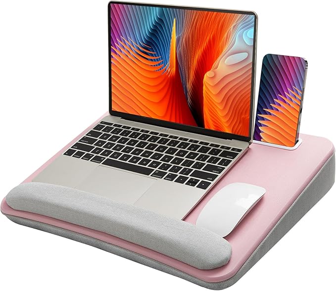 HUANUO Laptop Lap Desk - Portable Lap Desk with Pillow Cushion, Fits up to 15.6 inch Laptop, with Anti-Slip Strip & Storage Function for Home Office Students Use as Computer Laptop Stand - Pink