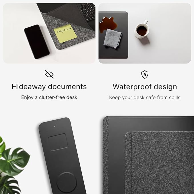 Wireless Charging Desk Pad, Large Non-Slip Reversible Felt & Vegan PU Leather Desk Mat, Waterproof, Detachable Magnetic Panel - Organize, Charge 2 Devices, Apple & Android Compatible - Black