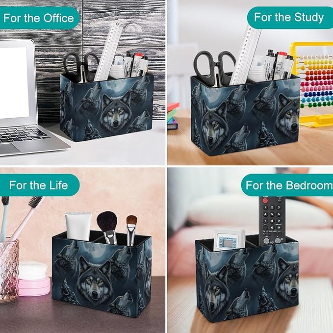 Rectangle Pen Holder Desk Organizer Full Moon Wolf, Efficient Stationery Storage Solution