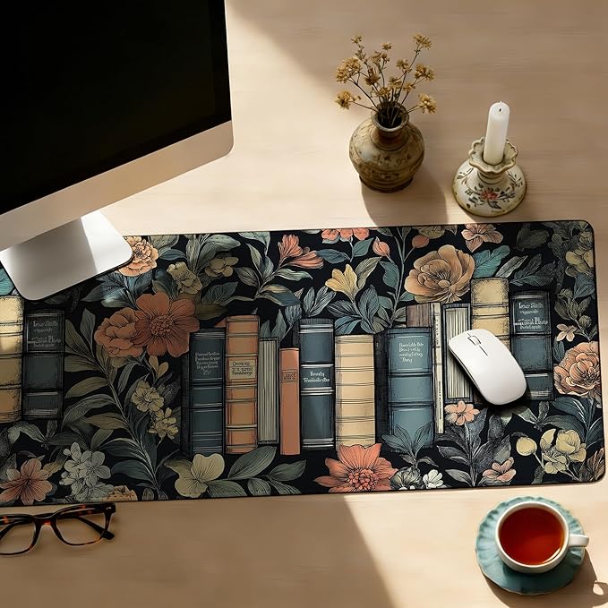 Large Gaming Mouse Pad Books and Flowers Desk Mat,Non-Slip Rubber Base Stitched Edges,Extended Mousepad for PC,Laptop,Office,Home Decor(31.5 x 11.8 Inch)