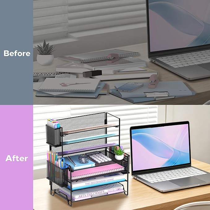 SUPEASY 7 Tier Desk Organizer with 3 Pen Holders, Heavy Duty Metal Letter Tray Paper File Organizer for Home Office School Classroom, Black