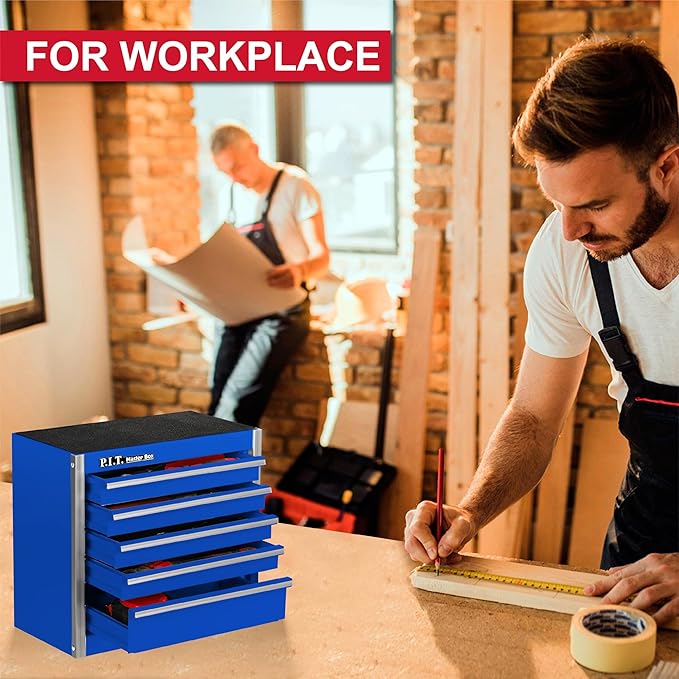P.I.T. Mini Tool Box 8.6"W X 4.6"D, Portable 5-Drawer Micro Steel Stackable Toolbox with Liner, Blue Cute Tool Case for Small Tools Parts Storage, Home DIY
