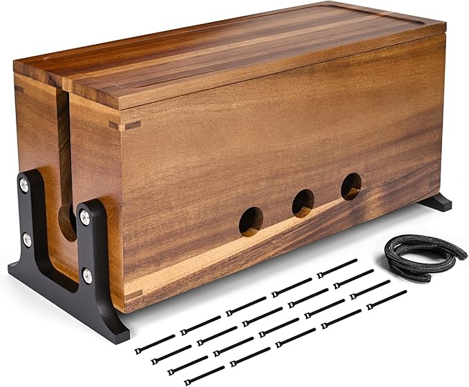 Extra Large Cable Management Box, Cord Organizer & Hider Box, Acacia Wood Cable Box for Chargers, Power Strip, USB, Floor & Desk Cables & Cords Storage, Children & Pet Safe