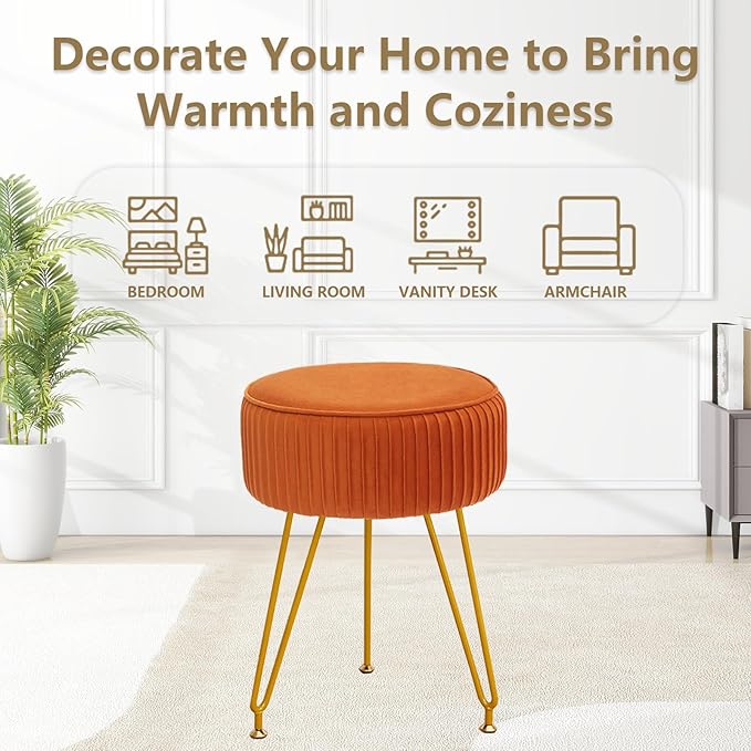 Velvet Vanity Stool, Modern Ottoman Foot Rest Stool with Adjustable Golden Legs, Makeup Chair for Vanity, Multifunctional Small Vanity Chair for Bedroom, Orange