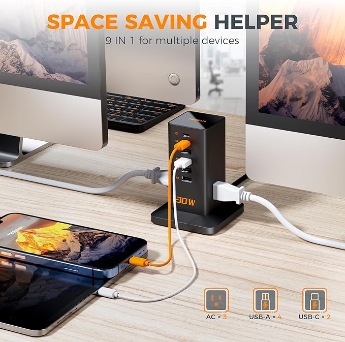 Charging Station for Multiple Devices, TESSAN 9-in-1 USB C Power Strip for iPhone 17/16/15, MacBook, Tablet, Desktop Phone Fast Charger with 3 AC, USB Charger, Home Drom Office Accessories, Black-30W