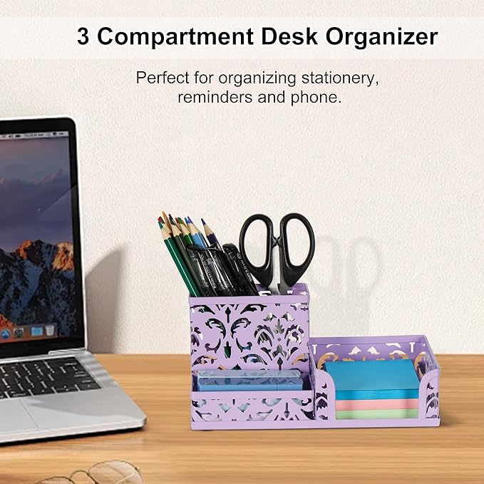 EasyPAG Desk Organizer 3 Compartment Pen Holder for Desk Office Supplies Caddy with Sticky Notes Holder for School Home, Purple