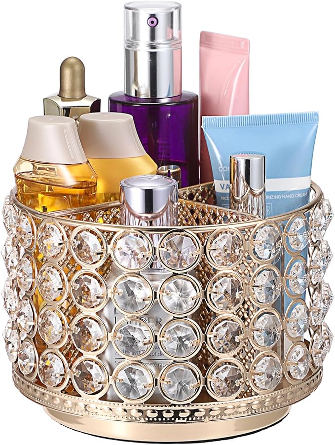 Hipiwe Crystal Vanity Organizer 360 Rotating Makeup Brush Holder Spinning Cosmetic Brushes Display Holder Gold Vanity Storage Holder Multi-Functional Desk Organizer for Eyebrow Pen Pencil, 4-Slot