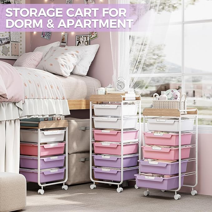 SYKIARIOL Rolling Storage Utility Cart with 5 Drawers,Craft Cart with Wheels,Makeup Organizer,Art Supply and Storage Wooden Tabletop,Purple