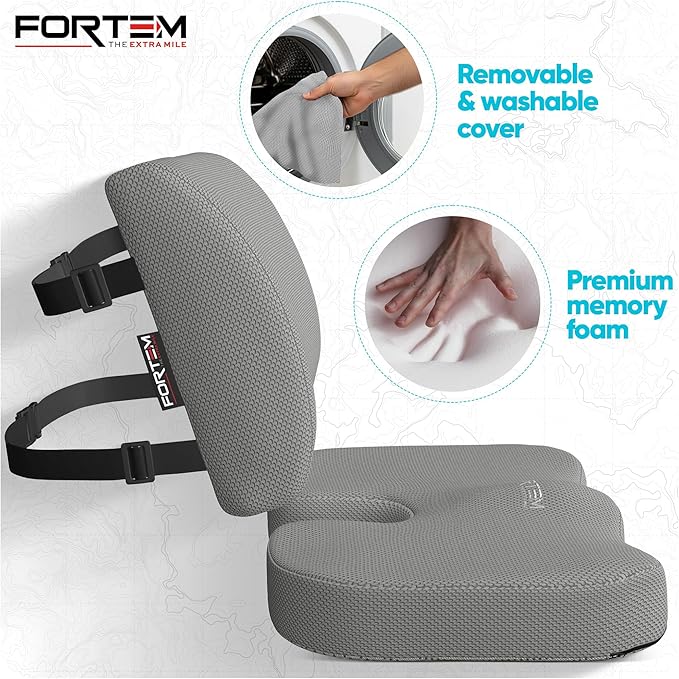 FORTEM Seat Cushion, Office Chair Cushion, Lumbar Support Pillow for Office Chair, Memory Foam Car Seat Cushions, Sciatica Coccyx Tailbone Pain Relief, Cushions for Back Support, Washable, Non Slip XL