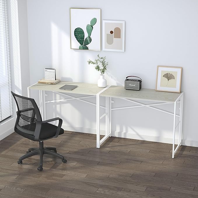 Lutown-Teen 40 inch Folding Desk, Writing Gaming Computer Camping Desk, No Assembly Required Home Office Table, Natural and White