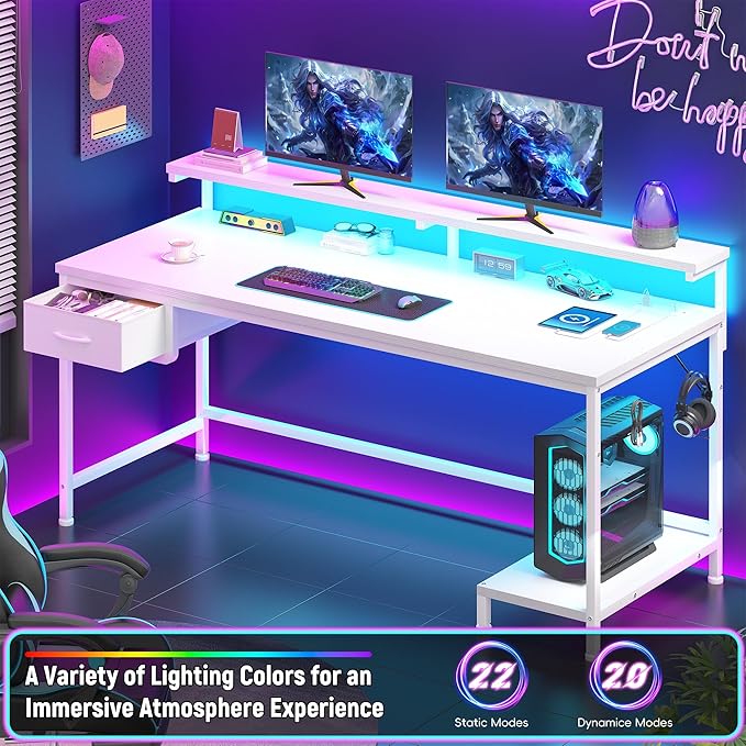 DurayLoly Computer Desk with Ergonomic Monitor Stand & CPU Stand,47.2" Gaming Desk with 1 Drawer & Power Outlet & LED Lights for Home Work, Bedroom Study and Gaming, Small Spaces,White
