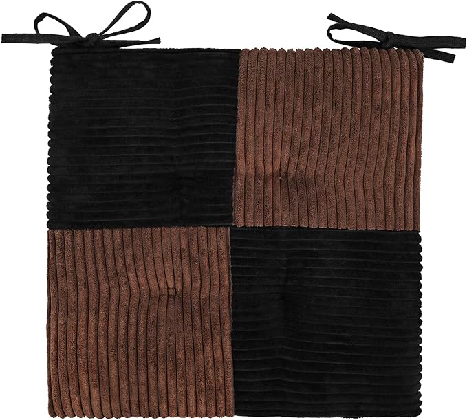 Office Stacking Chair Cushion with Ties, Corduroy High Density Foam Non-Slip Kitchen Seat Cushion, Square 17" x 17" Indoor Dining Chair Pads, Black+ Brown, 1 PCS
