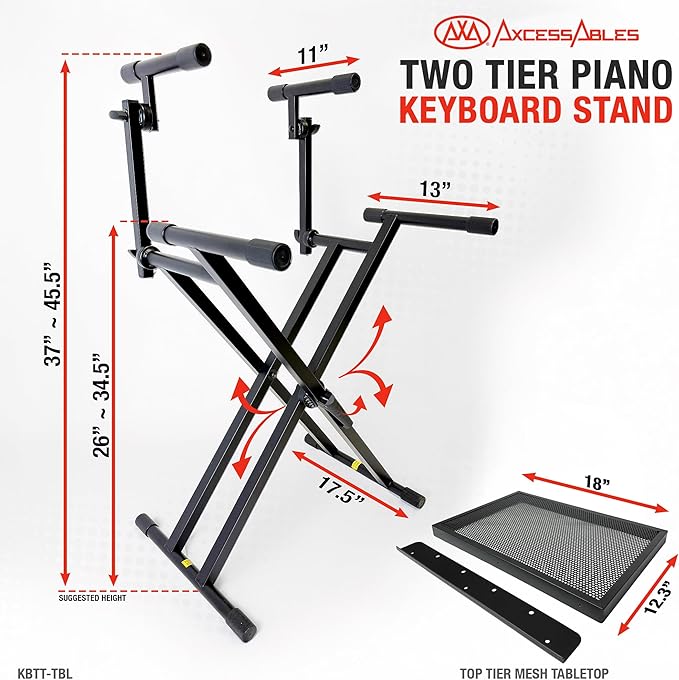AxcessAbles Dual Piano Keyboard Stand with 2nd Tier – X Style Adjustable and Portable Heavy Duty 2 Tier Stand for Synths, Laptops, Tablet, Sheet music and Digital Keyboards – Fits 54, 61, 64, 88 Key Pianos. Electric Piano and Sheet Music Stand