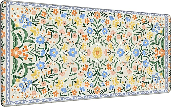Green Floral Mouse Pad,35.4 x 15.7 Inch Large Mouse Mat Non-Slip Rubber Stitched Edges for Writing Desk,Office,Home,Laptop