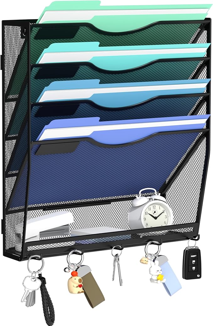 Gawerk 5-Tier Hanging Wall File Organizer with 5 Hooks - Wall Mounted Mail Paper Document Folder Holder, Sturdy Mesh Magazine Rack for Office Home