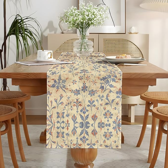 Boho Floral Cream Table Runner,Vintage Elegant Farmhouse Table Center Linen Decor,Country Rustic Farmhouse Magical Fall Kitchen Dining Table Decoration for Home Dining Party Decor 13x48 Inch