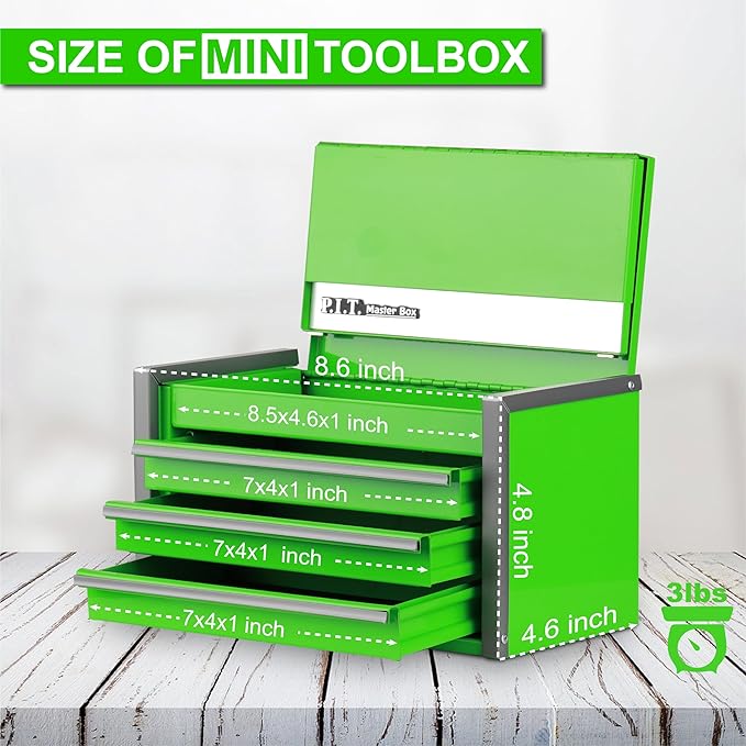 P.I.T. Mini Tool Box 8.6"W X 4.6"D, Portable 3 Drawer Steel Stackable Green Tool Box with Magnetic Tab Locking, Green Micro Top Chest with Liner for Tools Storage and Organizers, Home DIY