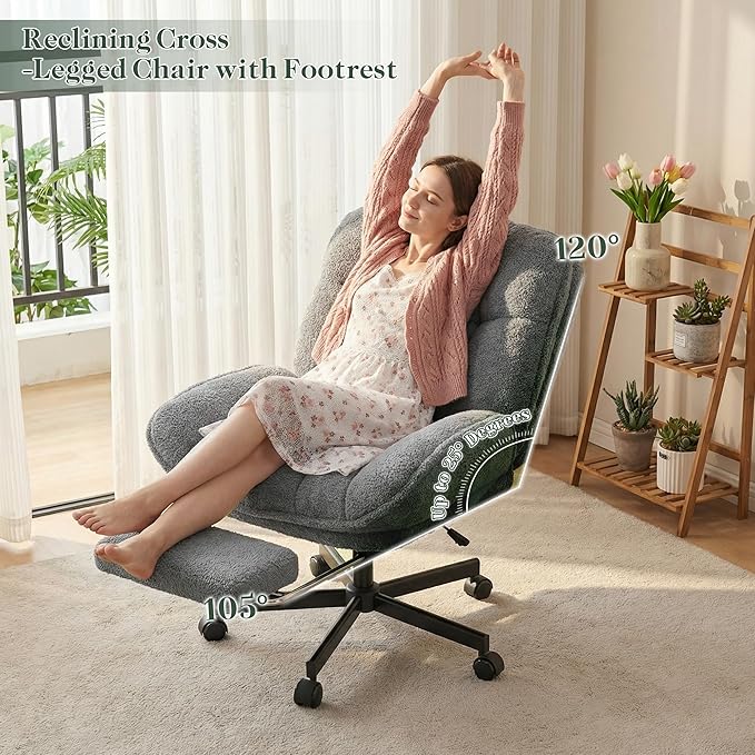 DurayLoly Criss Cross Office Chair with Foot Rest, 26.77" Wide Cross Legged Office Chair with 7" Thick Backrest, Height Adjustable & 360°Swivel, Desk Chair for All-Day Comfort (Misty Gray)