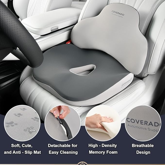 Coverado Seat Cushion and Lumbar Support Pillow for Car Office Chair, Ergonomic Memory Foam Desk Chair Cushion Back Support Pillow, Sciatica & Back & Tailbone Pain Relief Cushion-Black&Gray