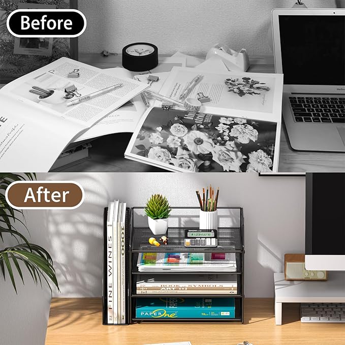 4-Tier Paper File Organizer with Drawer, Metal Desk Organizer, Tiered Paper Tray for Letter/A4 Files, Desktop Office Supplies Storage Rack, Black