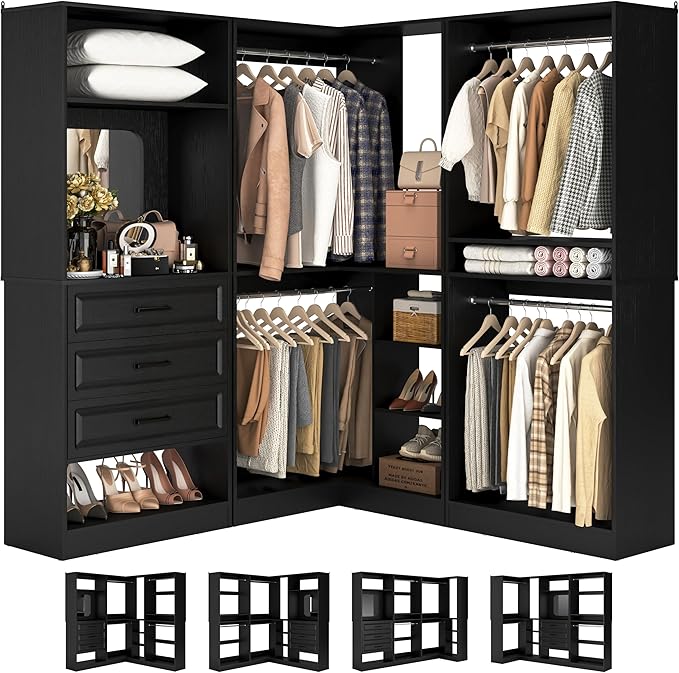 Unikito Closet System with Drawers，86”Modular Corner Closet Organizer System With Mirror，Freestanding Wood Wardrobe Organizer with Hanging Rods & Adjustable Shelves, Walk in Closet Tower, Black