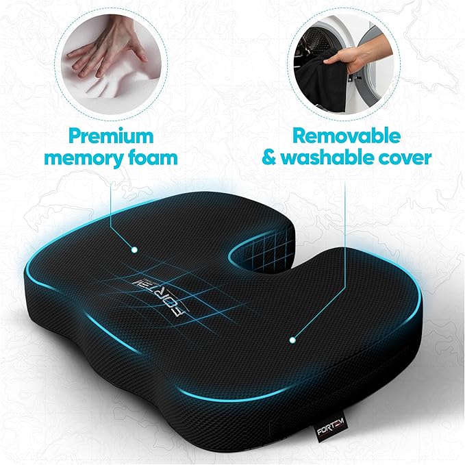 FORTEM Seat Cushion, Office Chair Cushion, Memory Foam Car Seat Cushions, Sciatica Coccyx Tailbone Pain Relief, Chair Cushions for Back Support, Sitting Pad for Gaming, Washable Cover, Non Slip