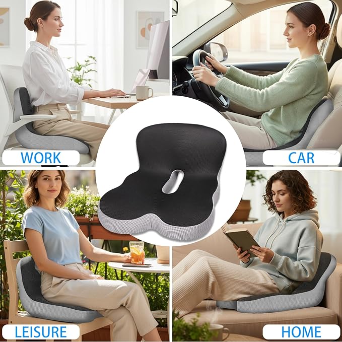 Ergonomic Memory Foam Reenly Back and Seat Cushion & Non-Slip Base with Adjustable Straps for Office Seat Cushion and Car Cushion,Removable Washable Cover- Breathable Mesh
