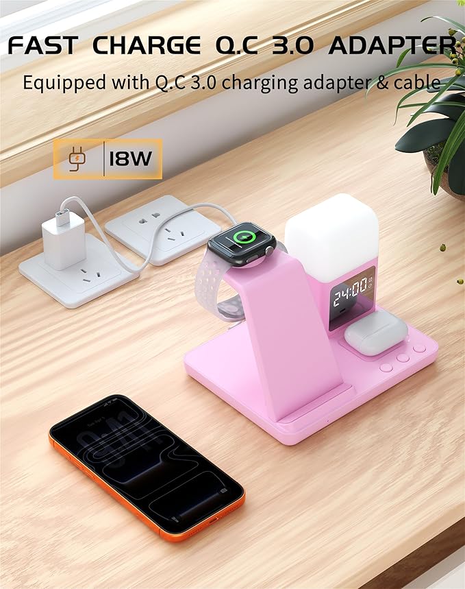 Wireless Charger for iPhone, 6in1 Fast Phone Charger Stand Dock Alarm Clock Night Light, Wireless Charging Station for Apple Watch, for Airpods 3/2/Pro, for iPhone 17/1615/14/13/12/11/Pro/Max (Pink)