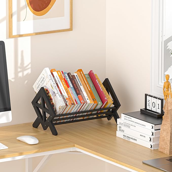 Desktop Bookshelf Organizer, Wood Office Tabletop Book Storage Rack, Tilting Bookcase for Books/CDs/Magazine Display (Pure Black)