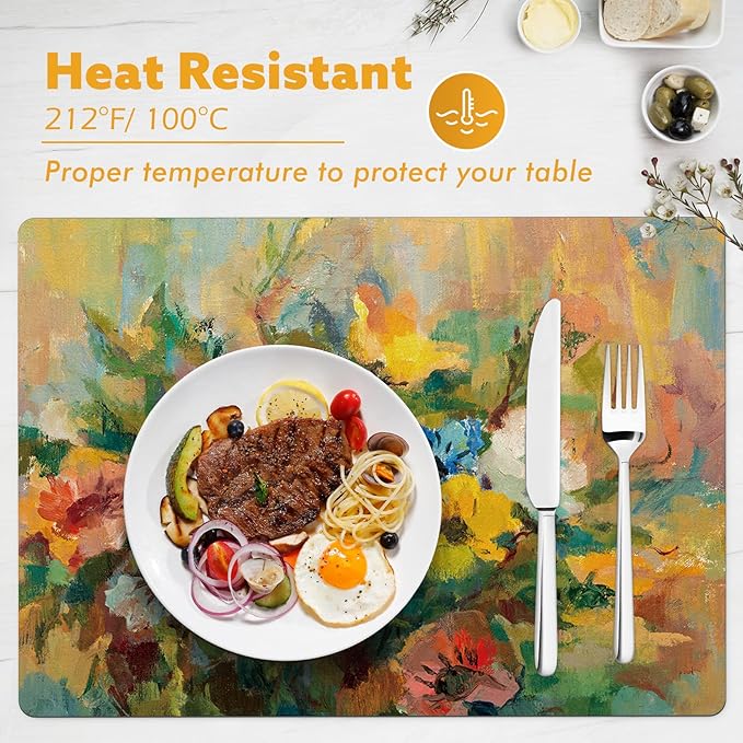 Painting Placemats Set of 4, Floral Faux Leather Place Mats for Holiday Banquet Kitchen Dining Table Decor, Heat Resistant Washable Non-Slip Waterproof Table Mats Set, 17" x 12"