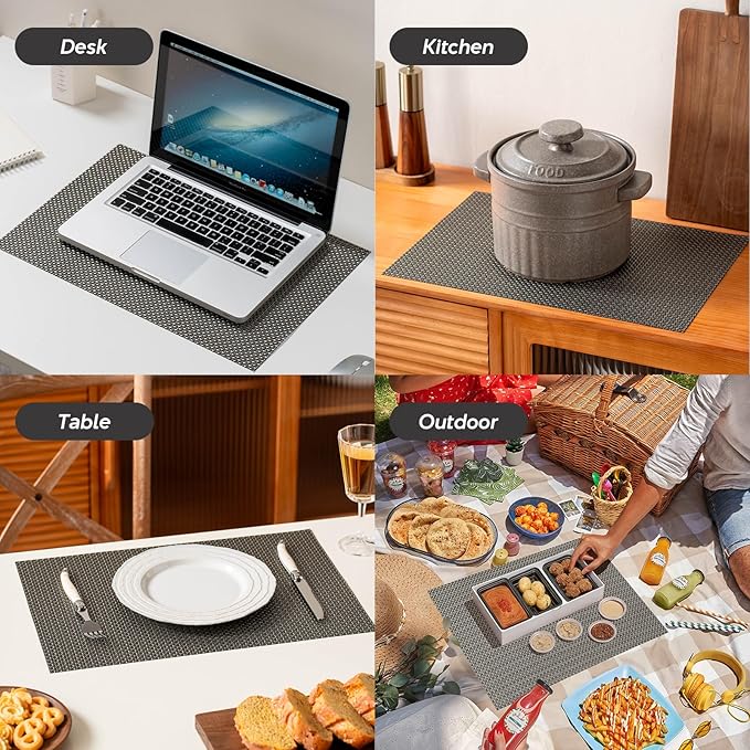 Heat Resistant Woven Vinyl Placemats, PVC Polyester Blend, 17.72x11.81 Inches, Gold and Gray, Set of 4, Non-Slip Stain Resistant Kitchen Table Mats