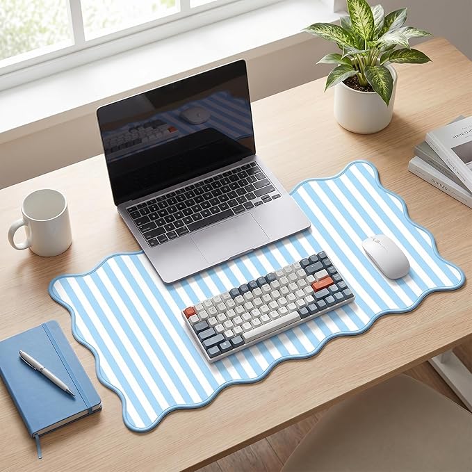 Scalloped Desk Mat Extended Large Cute Striped Mouse Pad Big Desk Pad XXL Aesthetic Stripe Mousepad Gaming Mouse Pad for Keyboard Computer Laptop Home Office Accessories 35.4X15.7Inches Blue White