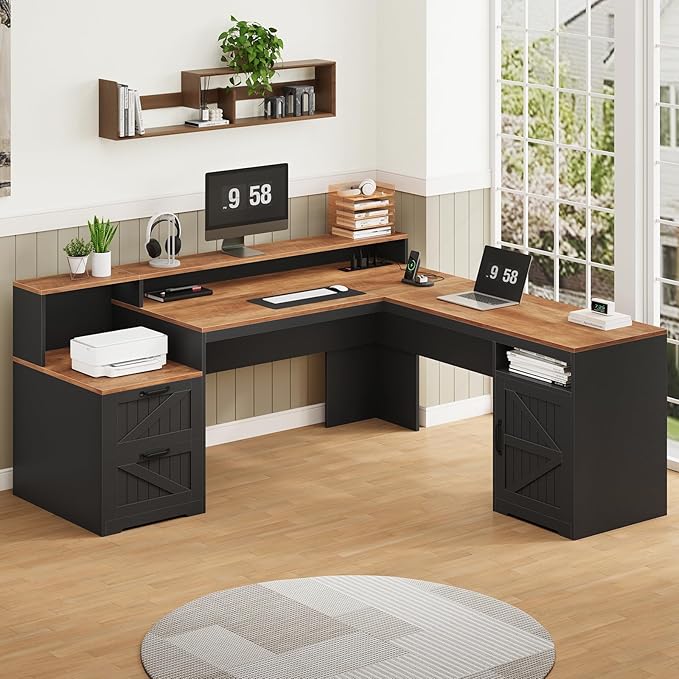 YOMILUVE 63" Farmhouse L Shaped Executive Desk with Drawers & Storage Shelf, Corner Computer Desk with Power Outlets, L Shaped Office Desk with Monitor Stand, Printer Shelf, Brown and Black