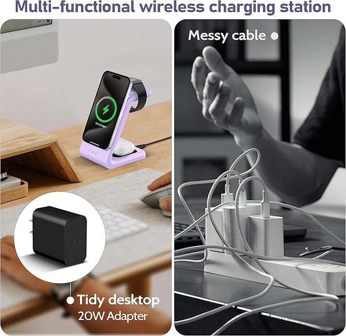 Smtcsl 3 in 1 Wireless Charging Station: 5000mAh Removable Power Bank Charger Stand for Phone/Watch/Air Pods - Portable Magnetic Battery Pack for Air 17 16 15 14 13 12 Series Purple