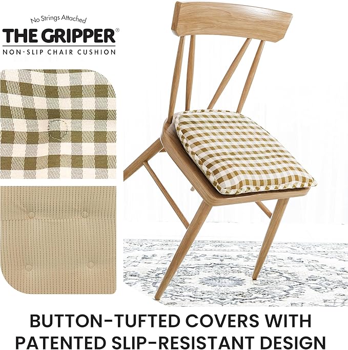 Klear Vu Omega Non-Slip Chair Cushions, Assembled in USA, U-Shaped Skid-Proof Seat Pads for Dining Room, Kitchen, Office, 15"x16" 2 Pack Gingham Natural 2 Count