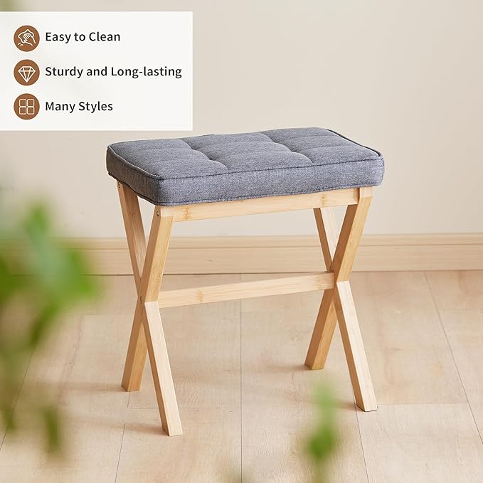 Foot Stool Small Ottoman Foot Rest Padded Foot Stool Desk for Under Office Desk Vanity Stool Bamboo Footstool Sofa Footrest Shoe Stool Small Foot Stools (Natural Legs + Gray)