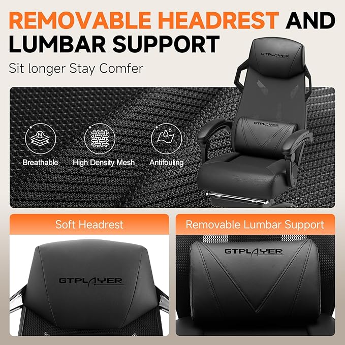 GTPLAYER Computer Chair with Adjustable Footrest, Ergonomic Gaming Chair with Headrest and Lumbar Support, Breathable Mesh Office Chair for Adults, High Back Reclining Desk Chair for Gaming and Office