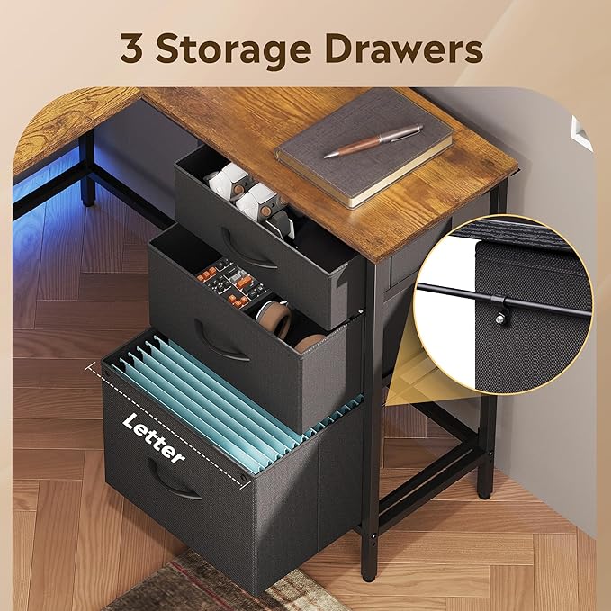 DEVAISE 66 Inch L Shaped Gaming Desk with Drawers and Storage, Corner Desk with LED Lights, Power Outlets, Computer Desk with Monitor Stand, Office Desk for Home, Rustic Brown