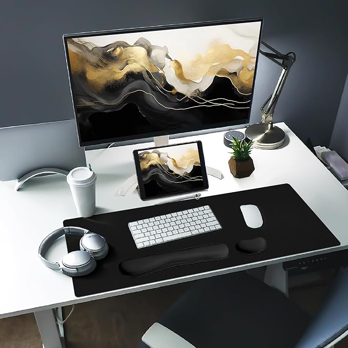 Bloss Leather Desk Pad and Keyboard Wrist Rest, Non-Slip Large Mouse Pad + Keyboard Pad + Mouse Wrist Support, Desk Mat Protector for Office, Home(27.6" x 13.8", Black)