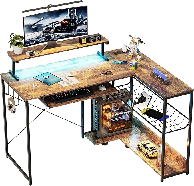 L Shaped Gaming Desk with Power Outlets & RGB Lights, 46'' L- Shaped Desk Computer Corner Desk with Monitor Stand & Storage Shelf & Hook, Home Office Desk Writing Desk, Brown