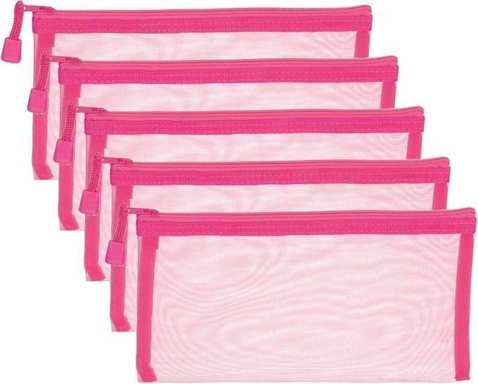 PATIKIL B6 Mesh Zipper Pouch Bags, 5 PCS Mesh Bags with Zipper Plastic Storage Pocket for Organizing File Beads Office Home Supplies, 11.5x23cm, Rose Red