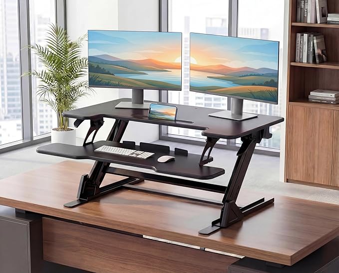 HUANUO 32" Z Shaped Stable Standing Desk Converter, Height Adjustable Sit Stand Up Desk Riser, Dual Monitor and Laptop Workstation with Wide Keyboard Tray, Desk Lifter for Home Office,Black