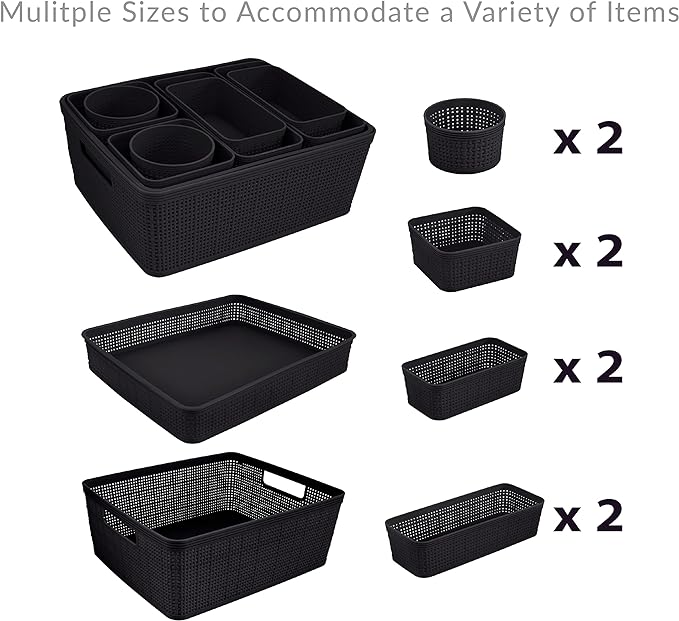 Simplify 10 Piece Organizing Set | Multiple Size Bins | Multipurpose | Office | Desk | Dorm | Bathroom | Storage Basket | Small Items | Accessories | Black (Pack of 6)