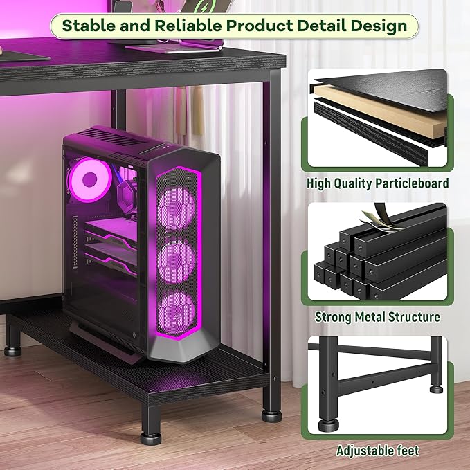 DurayLoly 39.3" Gaming Desk with Power Outlet and LED Lights,Computer Desk with Adjutable Monitor Stand and Drawer,Office Desk with CPU Stand for Home Work,Study and Gaming, Small Spaces,Black