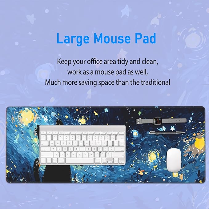 Starry Night Cat Gaming Mouse Pad,Large Cute Mousepad,Extended Anime Dreamy Waterproof Desk Mouse Mat,Kawaii Blue Stitch Mousemat for Office and Home,31.5 x 12in