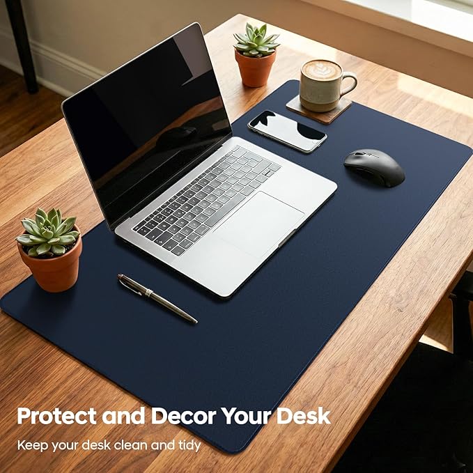 Leather Desk Pad Protector, Office Desk Mat, Large Mouse Pad, Non-Slip PU Leather Desk Blotter, Waterproof Computer Desk Writing Pad for Office and Home (Dark Blue, 36" x 17")